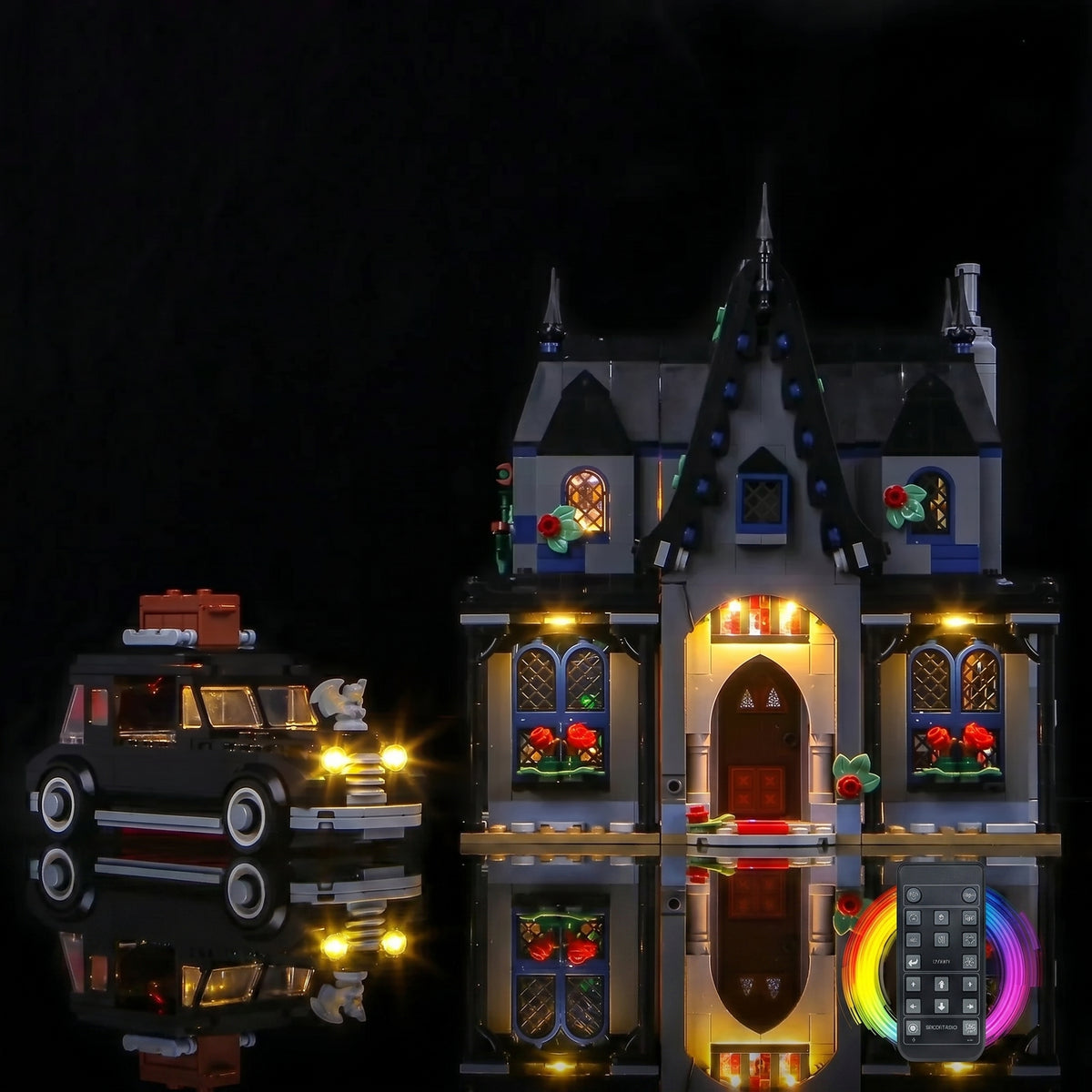 light kit for LEGO® Wednesday Morticia's Cottage #76786, front view fully lit