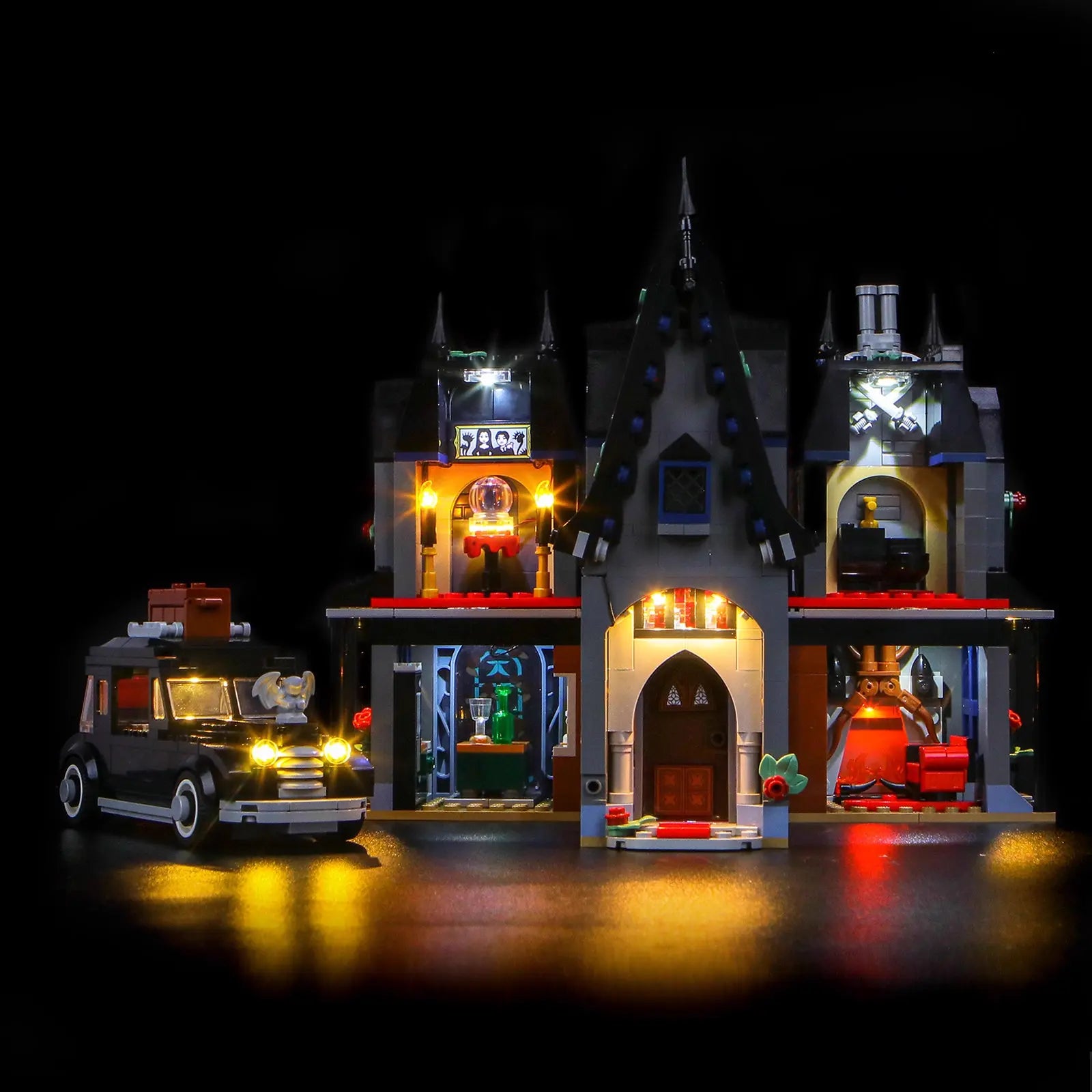 LEGO Wednesday Morticia's Cottage #76786 illuminated at night