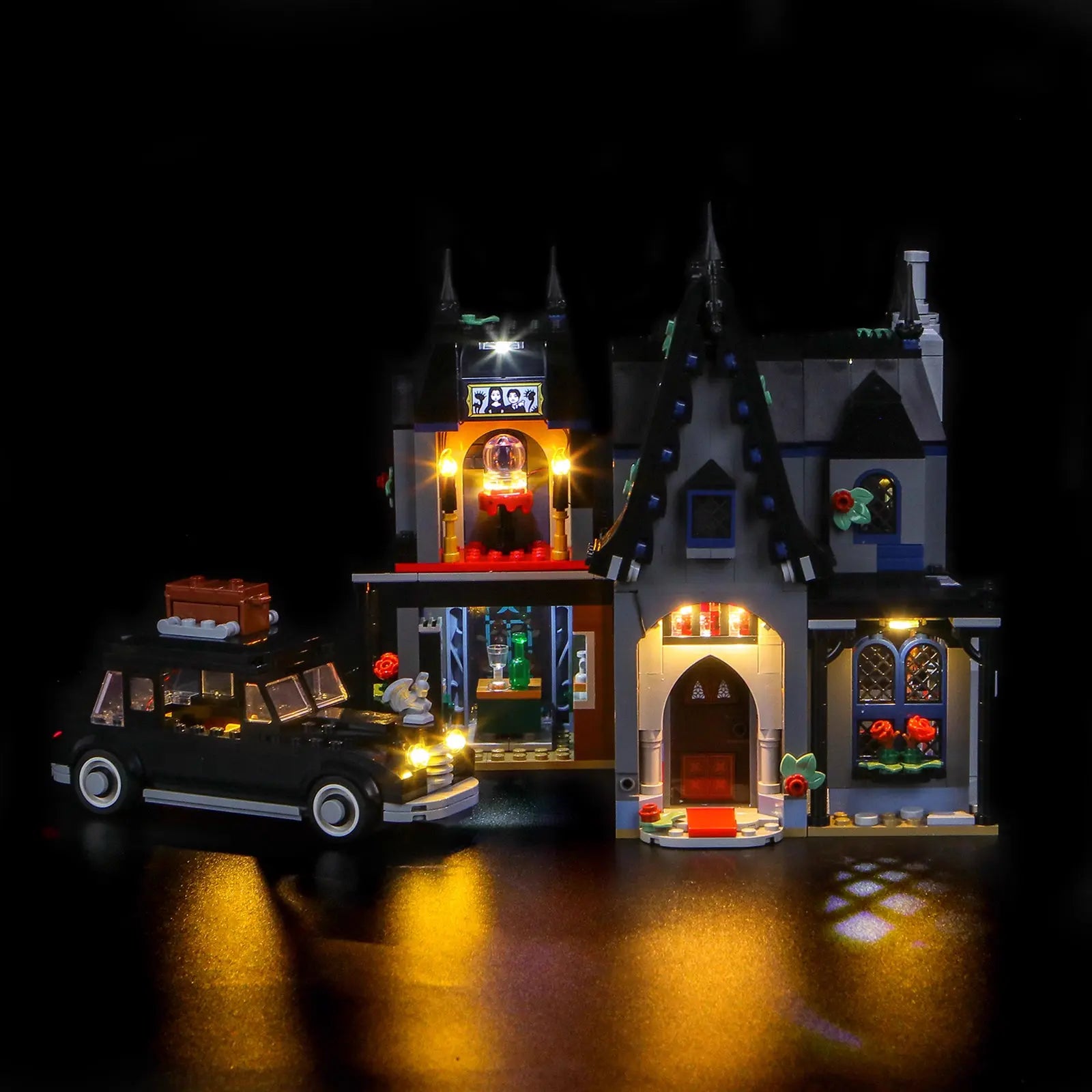 Close-up of LED lights on LEGO Wednesday Morticia's Cottage #76786