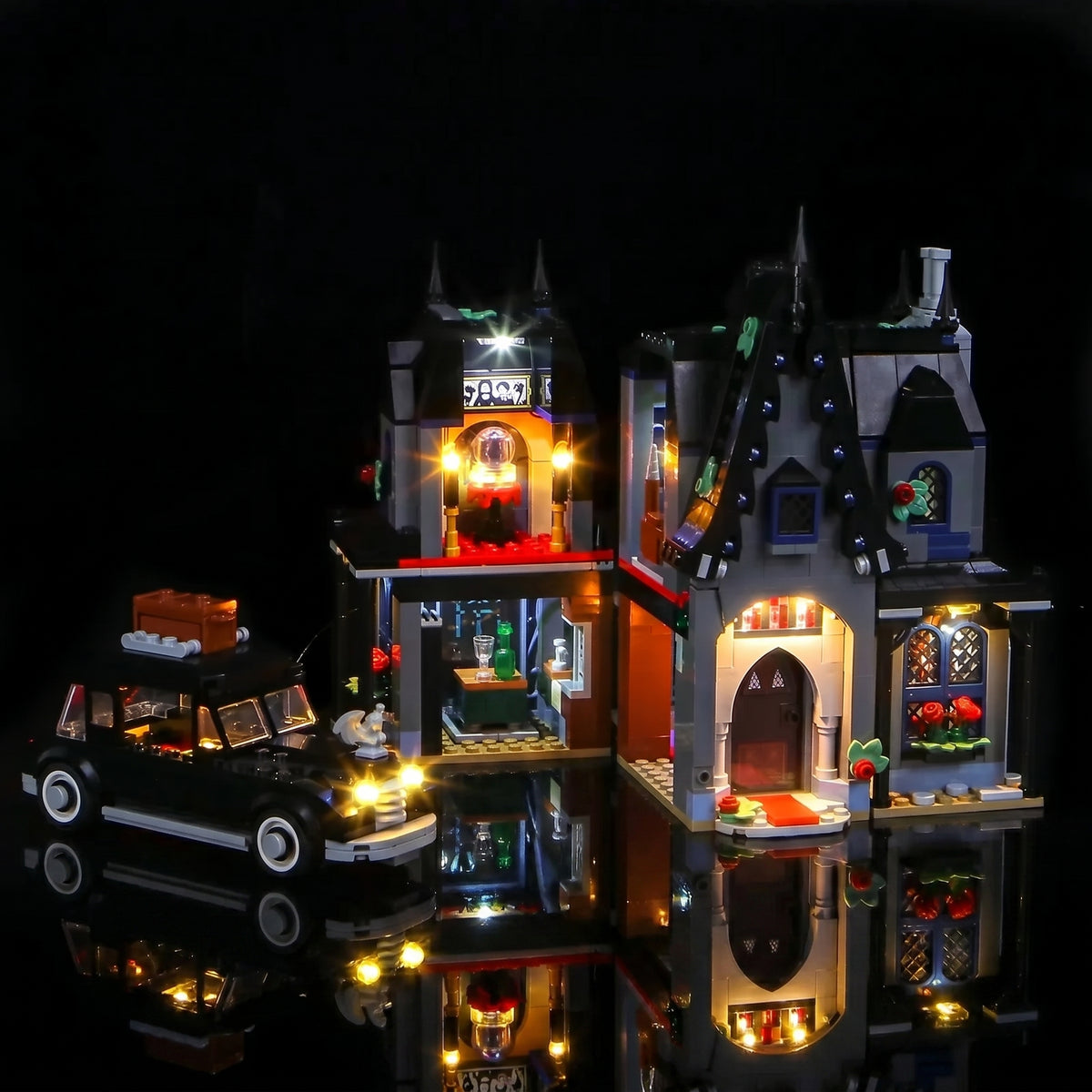 Bright My Bricks custom LED lighting for LEGO® Wednesday Morticia's Cottage #76786 — installed and glowing