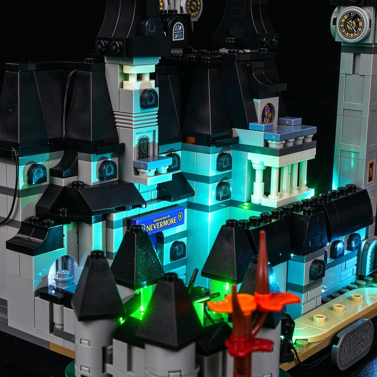 Close-up of the academy entrance, towers and cyan lighting accents — LEGO® Nevermore Academy #76788, LED light kit