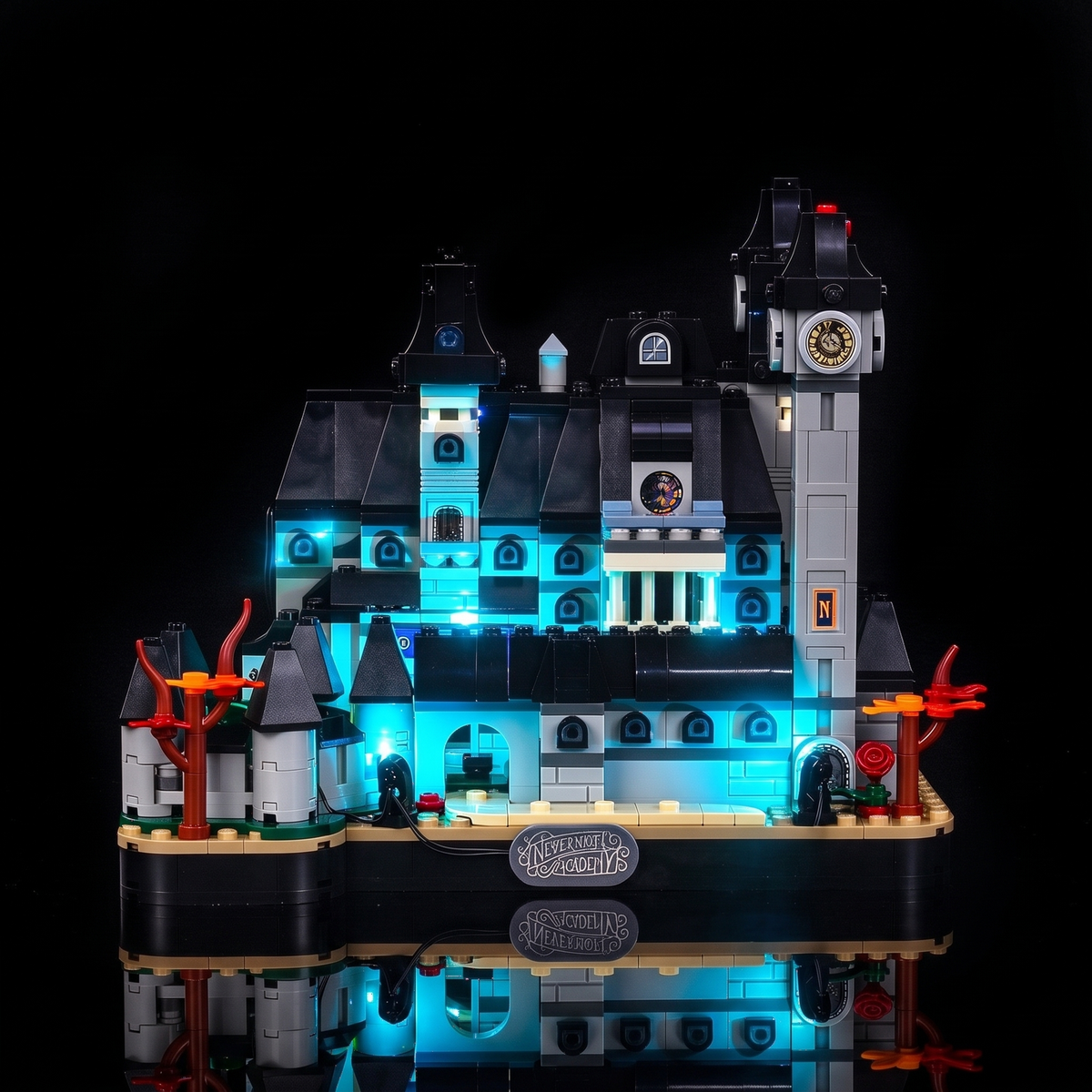 Front angle showing Nevermore’s gothic silhouette and lit central entrance — LEGO® Nevermore Academy #76788, LED light kit