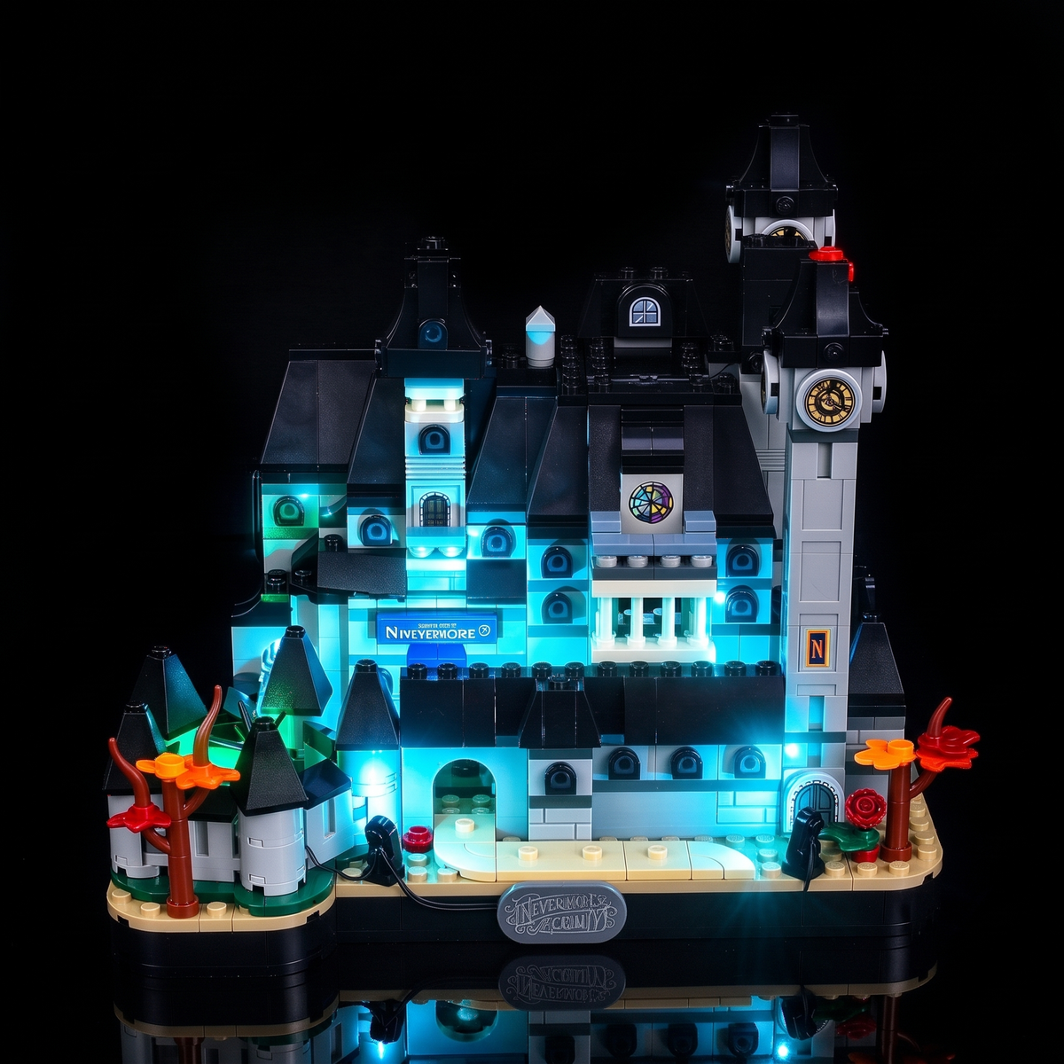 Full front view with cyan façade lighting and green accents near the base — LEGO® Nevermore Academy #76788, LED light kit