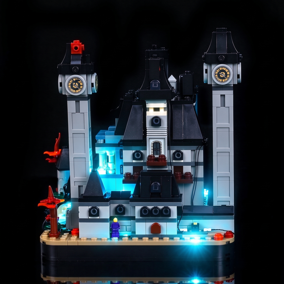Opposite angle showing the academy’s towers and illuminated windows — LEGO® Nevermore Academy #76788, LED light kit
