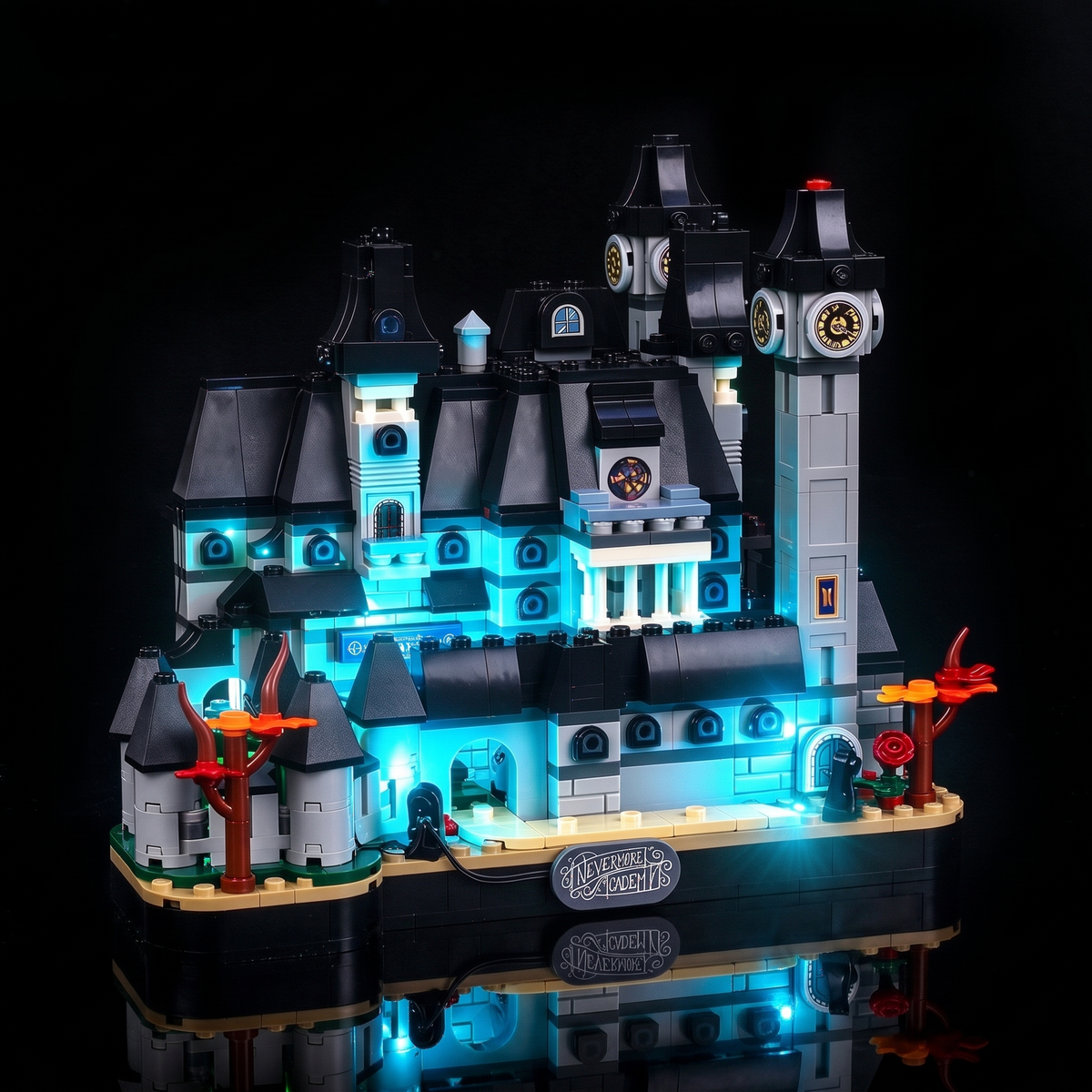 Right three-quarter view across the entrance, towers and illuminated façade — LEGO® Nevermore Academy #76788, LED light kit