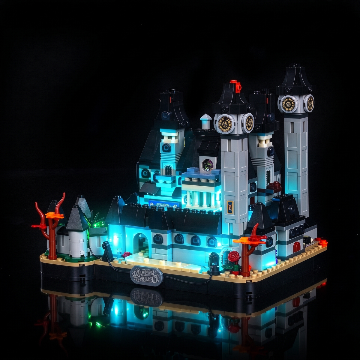 Three-quarter view on black with the cyan-lit façade and clock towers — LEGO® Nevermore Academy #76788, LED light kit