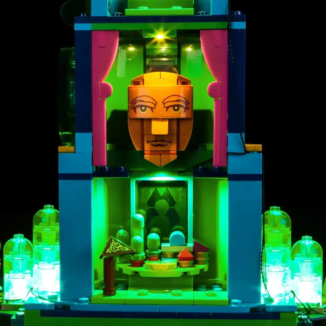 LEGO® Wicked Welcome to Emerald City #75684 before-and-after lighting, with the LED lights