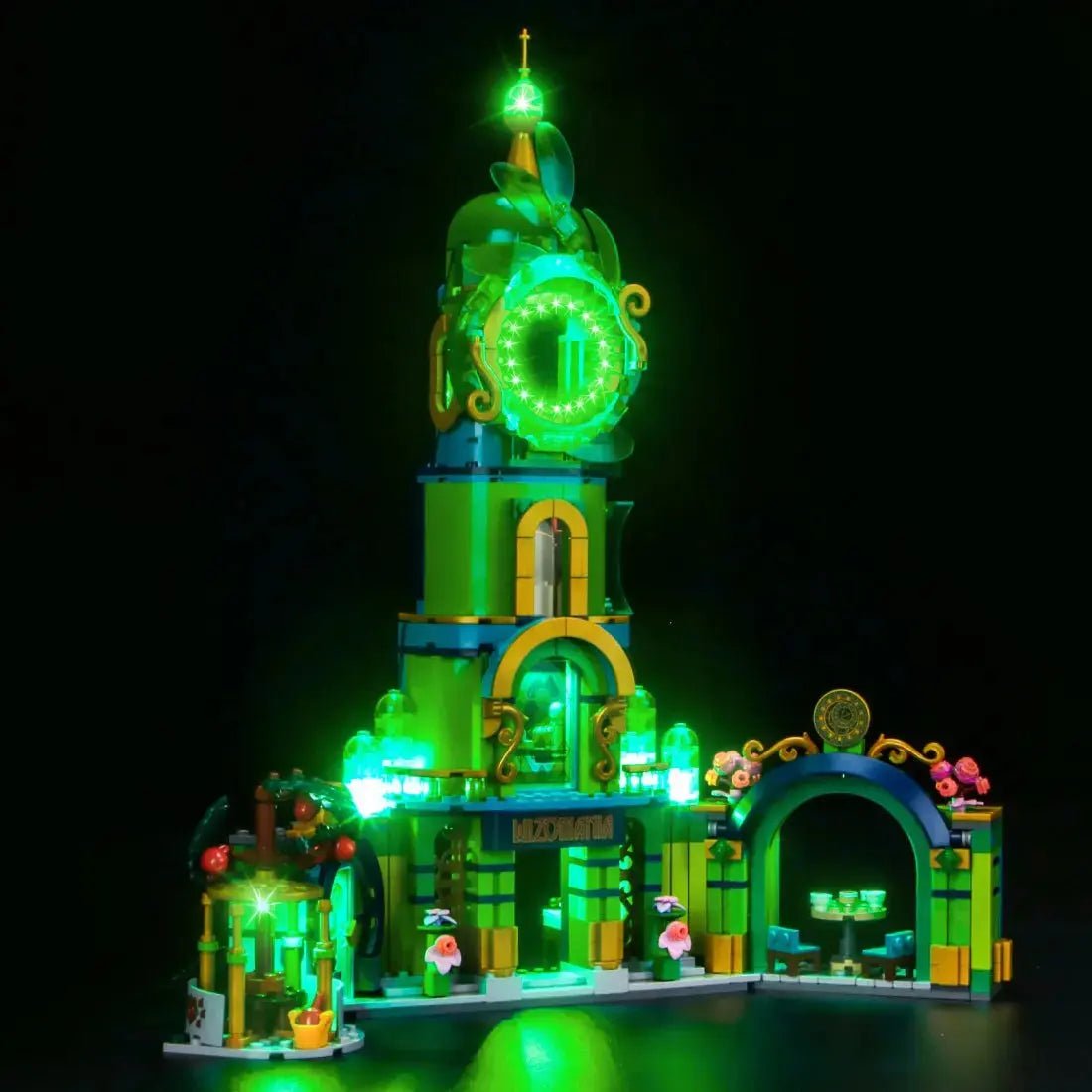 Close-up of LED lights on LEGO Wicked Welcome to Emerald City #75684