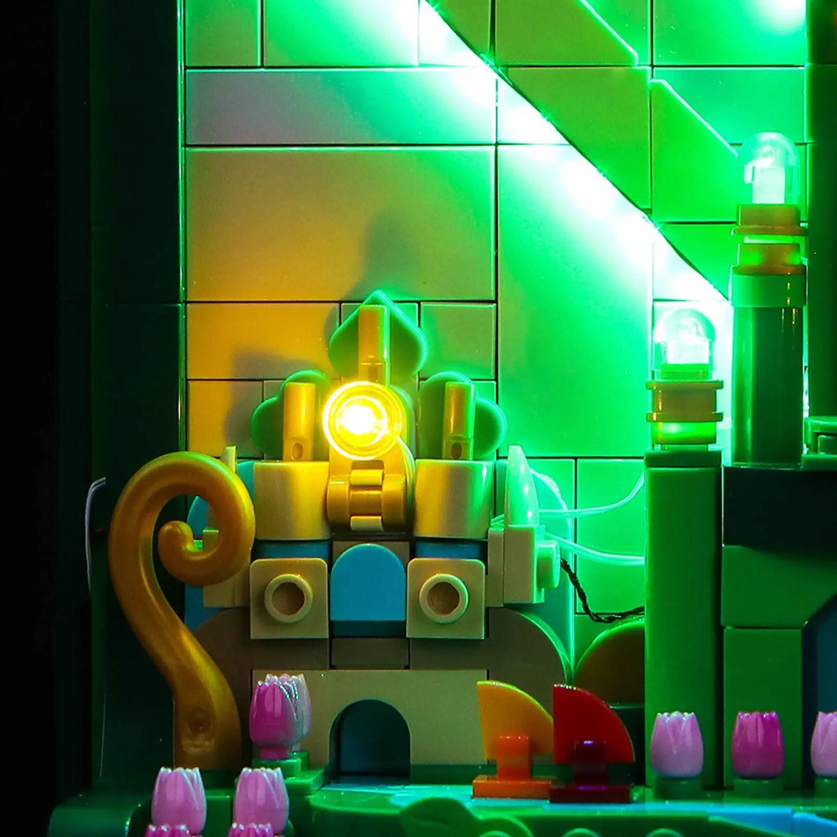 LEGO® Wicked Welcome to Emerald City #75684 before-and-after lighting, with the LED lights