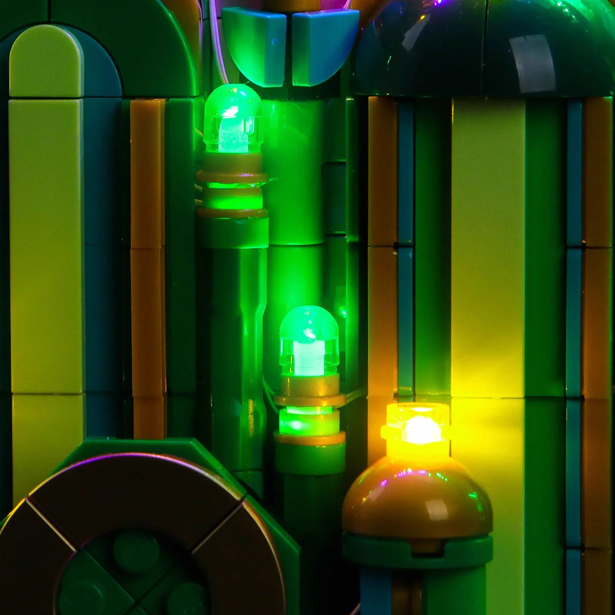 LEGO® Wicked Welcome to Emerald City #75684 night-mode display glow, with the custom LED lighting