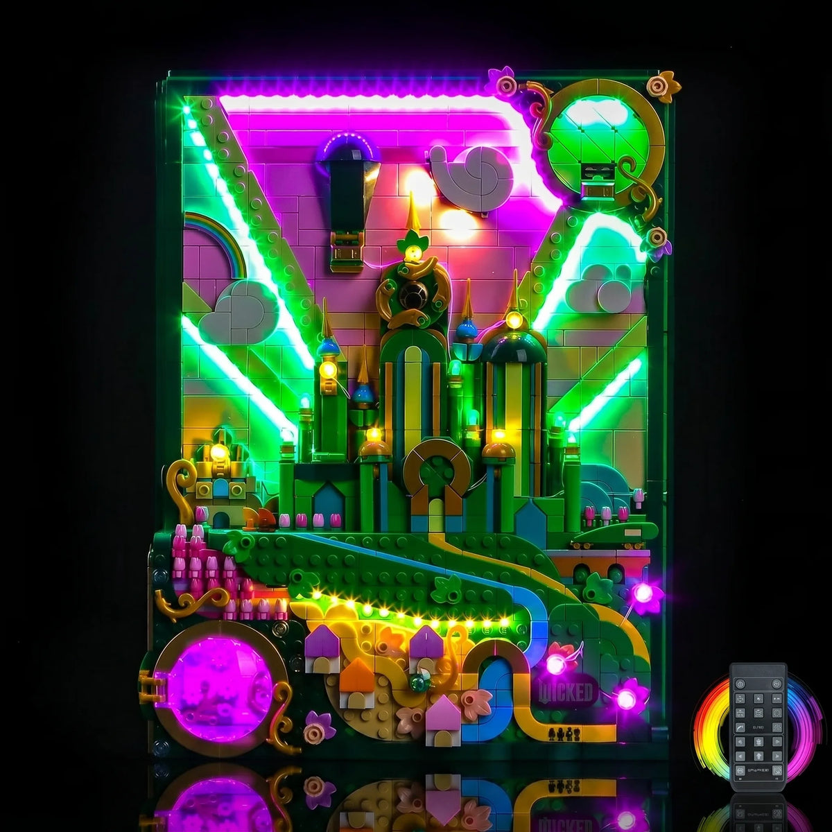 Bright My Bricks premium LED light kit for LEGO® Wicked Welcome to Emerald City #75684 — before-and-after lighting