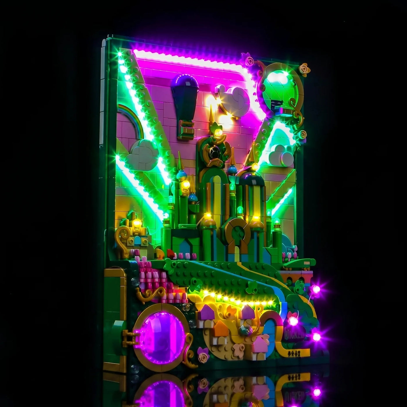LEGO® Wicked Welcome to Emerald City #75684 — installed and glowing (LED lights)