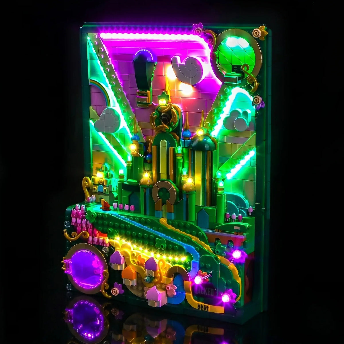 LED kit powered on: Bright My Bricks DIY LED light kit for LEGO® Wicked Welcome to Emerald City #75684