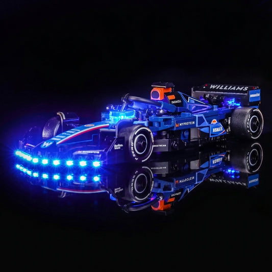 LEGO® Williams Racing FW46 F1 Race Car #77249 LED strips and bricks detail, with the LED light kit