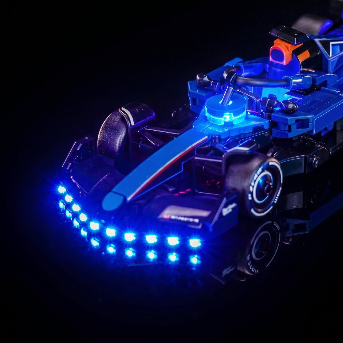 LEGO® Williams Racing FW46 F1 Race Car #77249 night-mode display glow, with the LED lights