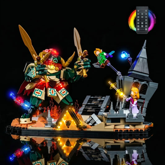 LEGO® Zelda Ocarina of Time The Final Battle #77093 display lighting in a dark room, with the LED lighting kit