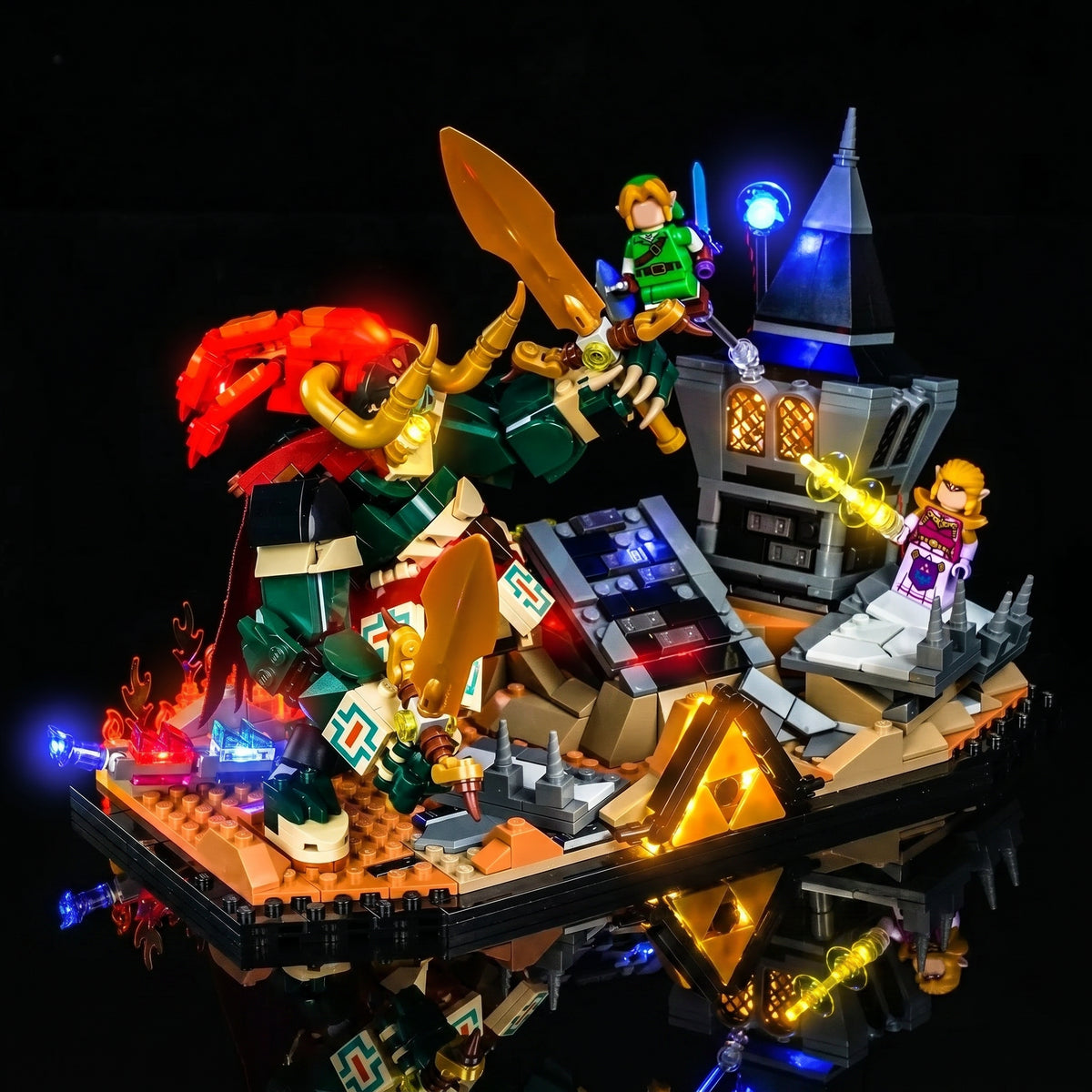 LEGO® Zelda Ocarina of Time The Final Battle #77093 lighting effect on the build, with the USB-powered LED light kit
