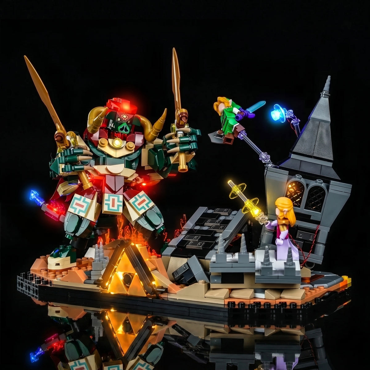 LEGO® Zelda Ocarina of Time The Final Battle #77093 night-mode display glow, with the premium LED light kit