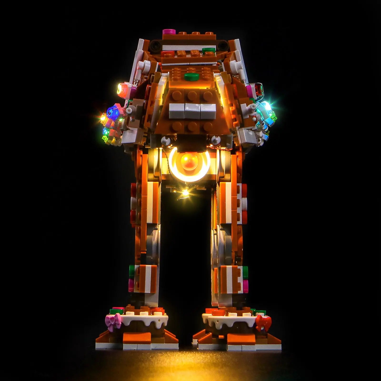 The colorful candy and frosting details on the LEGO Gingerbread AT-AT 40806 are shining brightly with our custom light kit.
