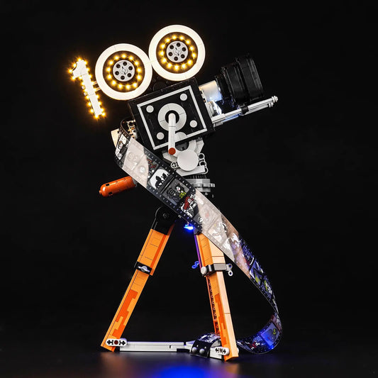 The lens of the LEGO Walt Disney Camera 43230 shines with a soft, warm glow, a key feature of this Bright My Bricks kit.