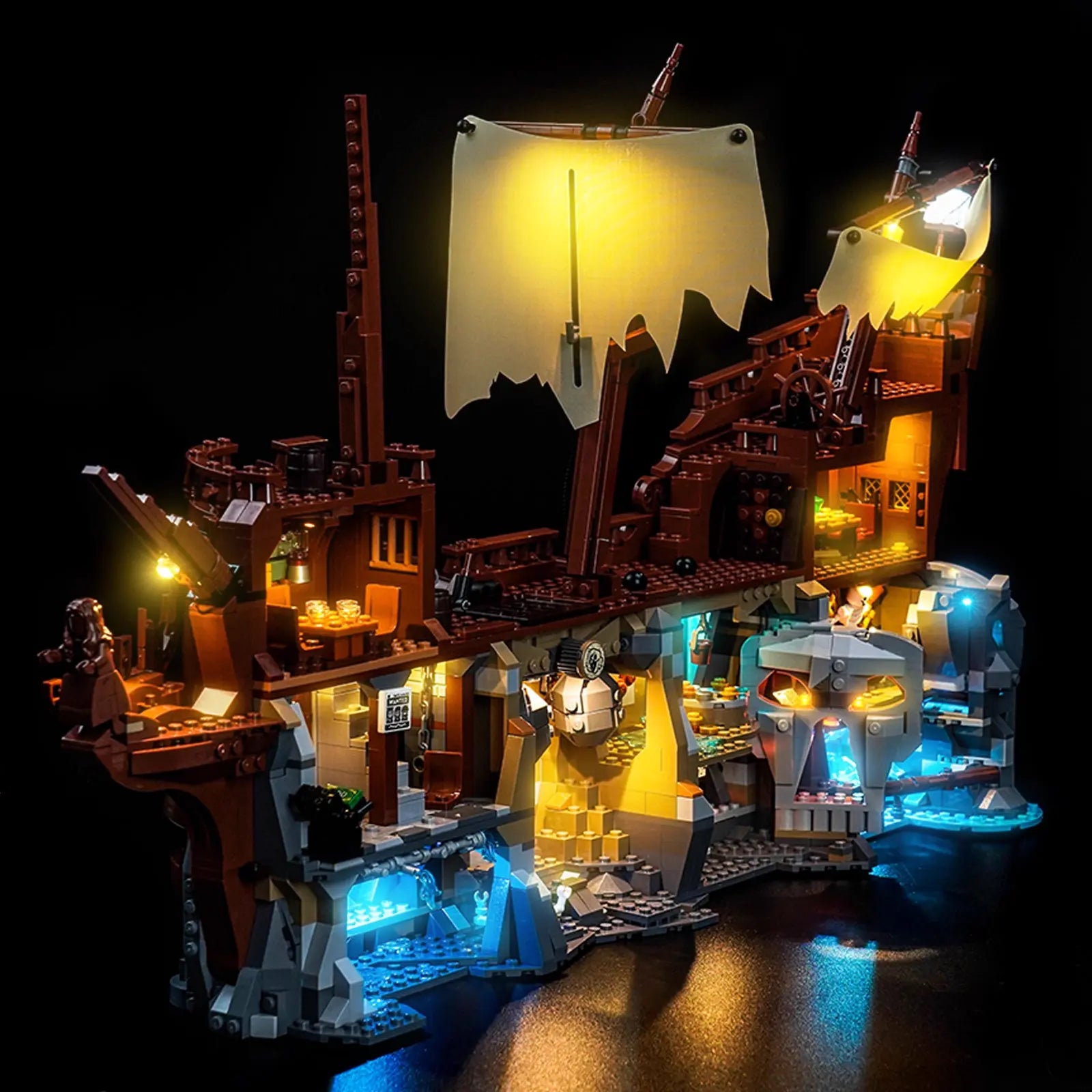 One-Eyed Willy's treasure chest in the LEGO 21363 set, shining with a magical golden light from our kit.