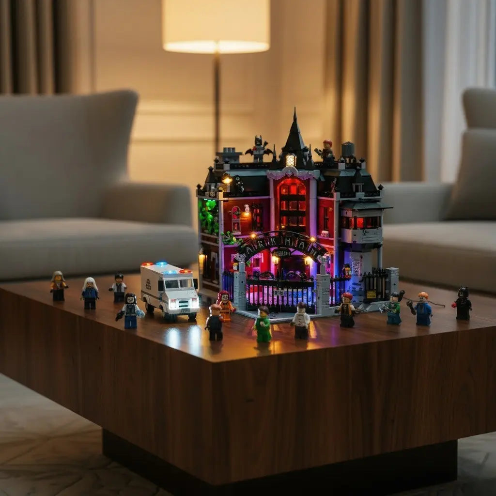 The gothic details of the LEGO Arkham Asylum 76300 are enhanced by the atmospheric lighting of a Bright My Bricks kit.