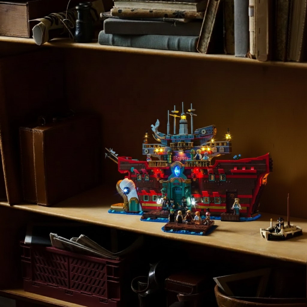 A detailed look at the illuminated interior of the LEGO Baratie Restaurant 75640, lit by Bright My Bricks.