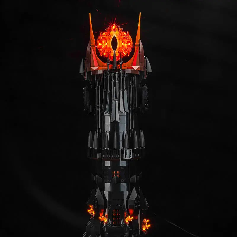 A LEGO minifigure scene with the Mouth of Sauron is made more dramatic with the atmospheric lighting of our custom kit.