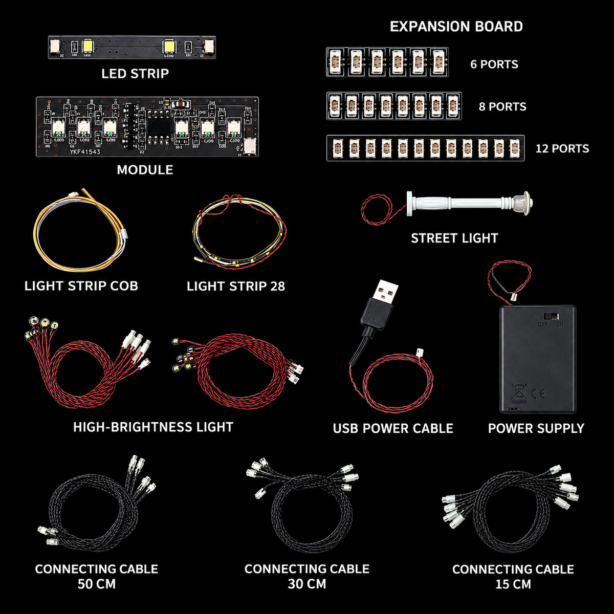 LED lights, expansion boards, cables and power options in the DIY pack