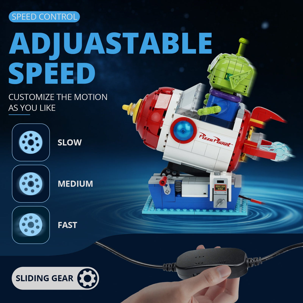 close-up of the drive unit: Bright My Bricks motion kit for LEGO® Disney Alien with Pizza Planet Rocket Ride #43307