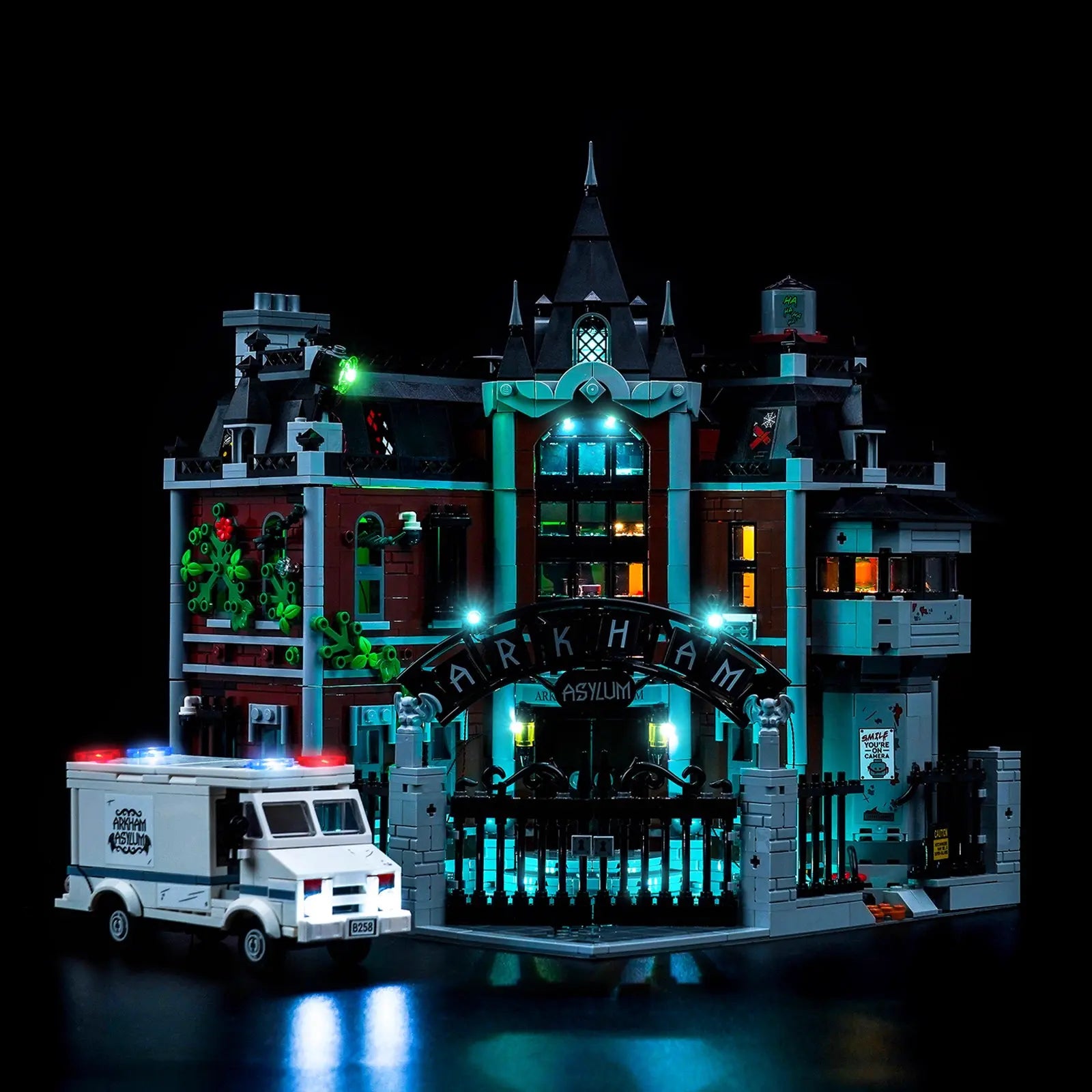 The LEGO Batman Arkham Asylum 76300 with our new version light kit, creating a chilling and atmospheric glow.