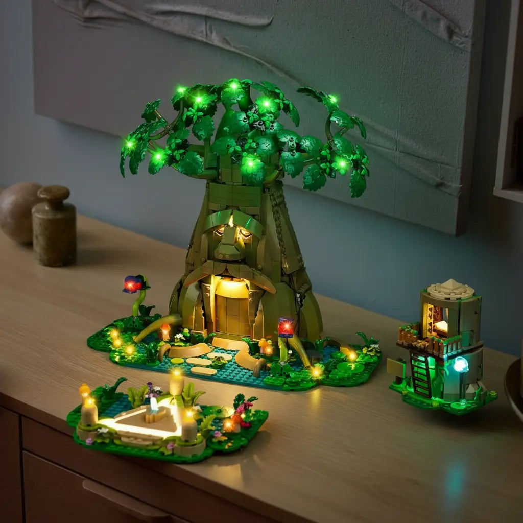 The LEGO Great Deku Tree 77092 in its classic Ocarina of Time look, with a wise, ancient glow from a Bright My Bricks kit.