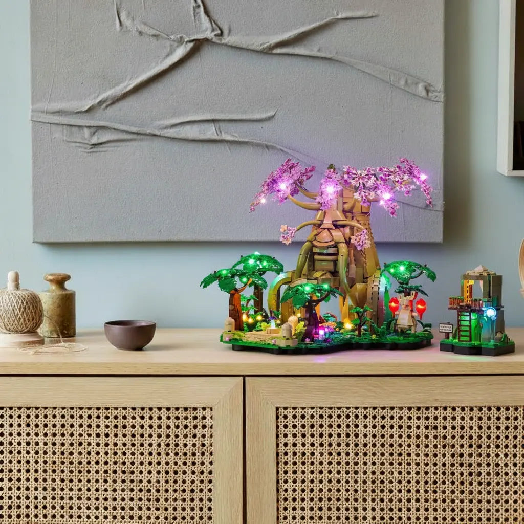 The LEGO Great Deku Tree 77092 in its spring blossom version, illuminated by a magical pink light kit from Bright My Bricks.