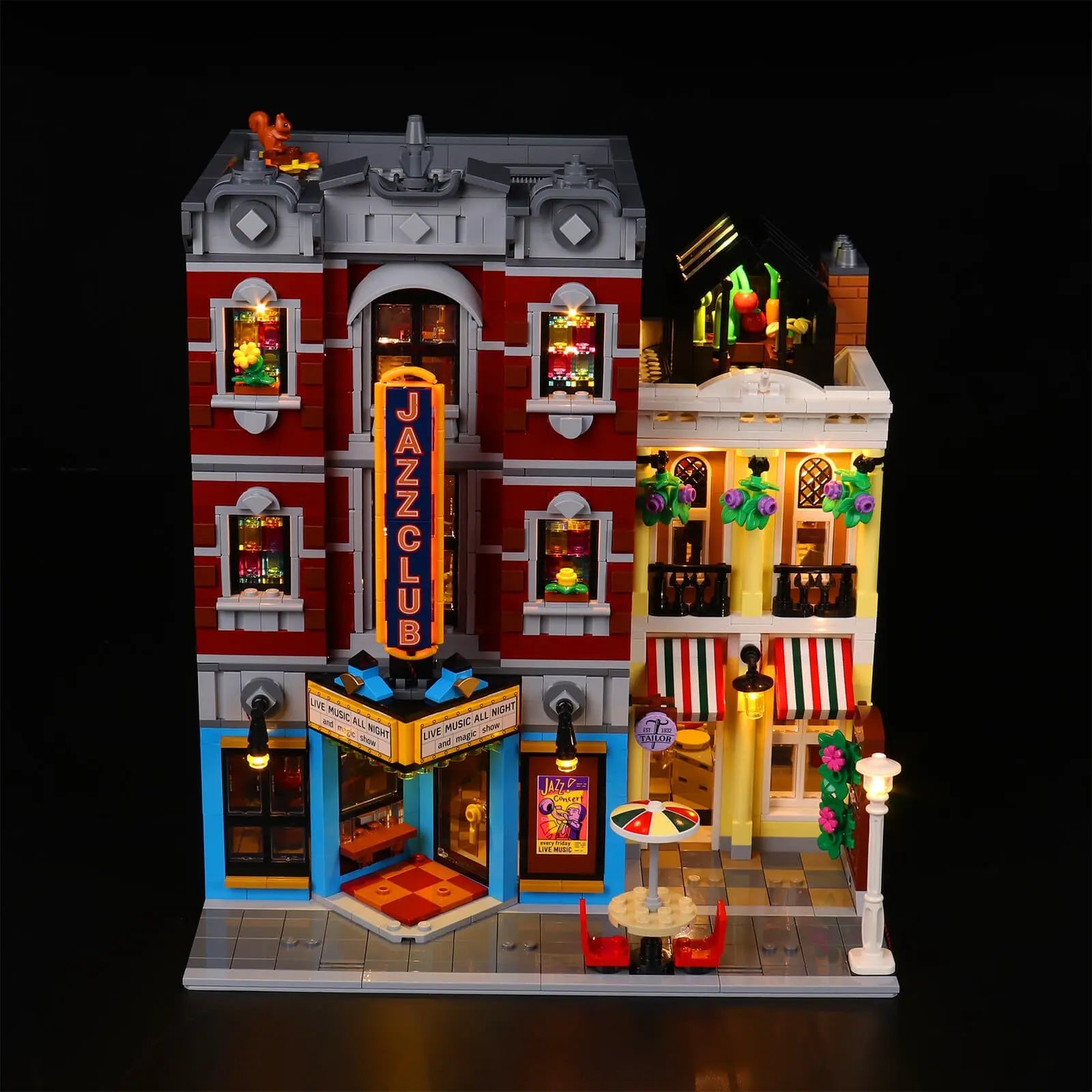 An inviting glow from the pizzeria on the ground floor of the LEGO Jazz Club, a key feature of the Bright My Bricks light kit.