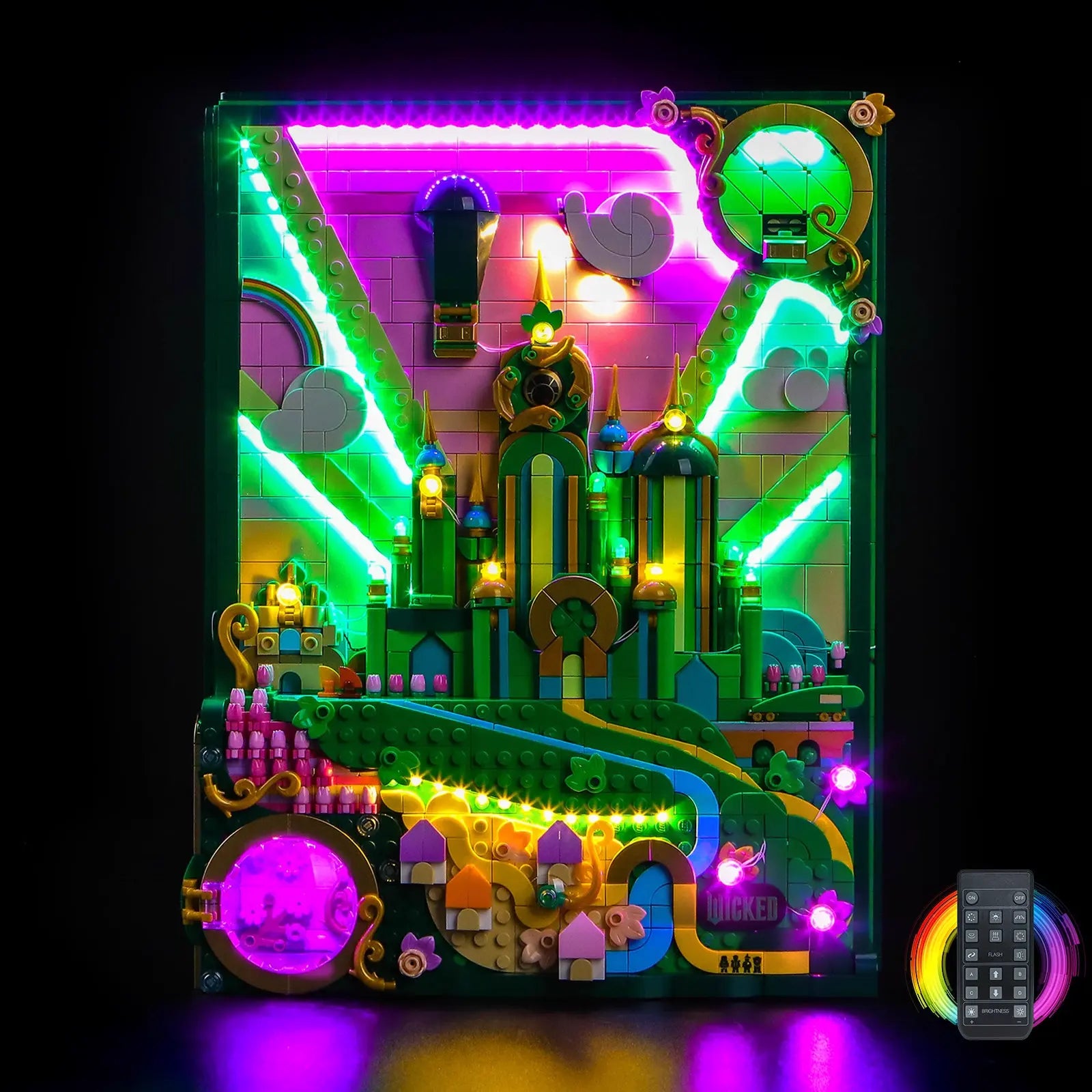 Our light kit makes the vibrant greens and yellows of the LEGO Wicked Emerald City 75685 "pop" for a stunning display.