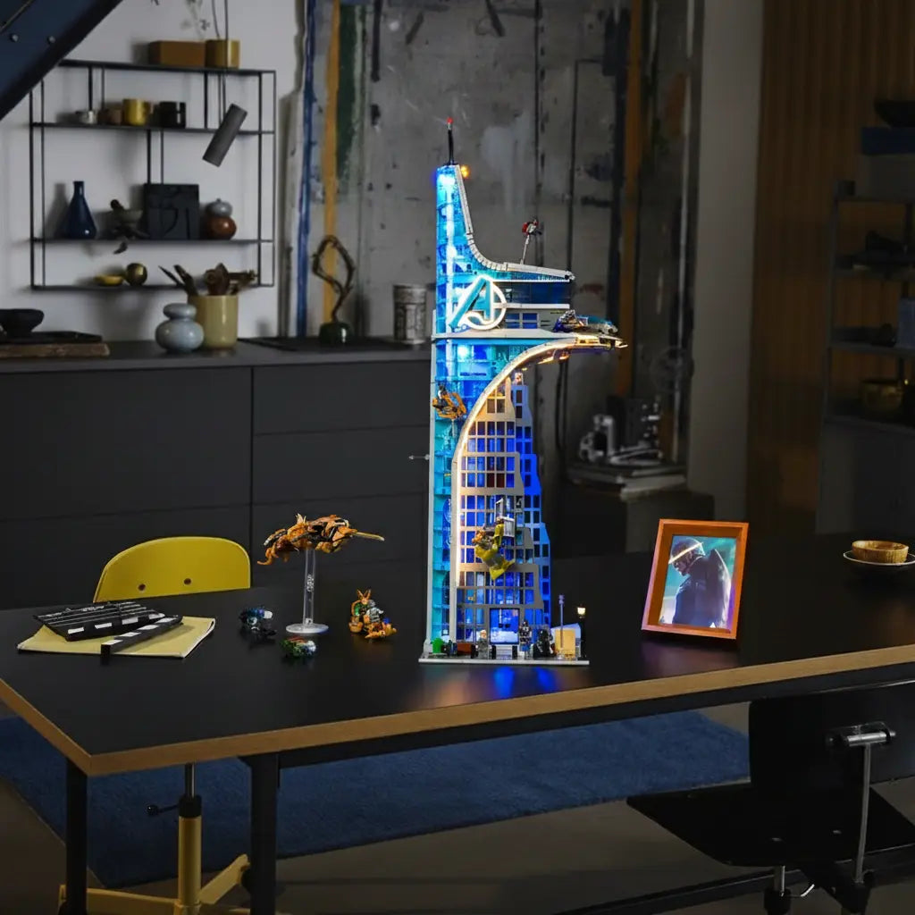 A detailed view of the LEGO Avengers Tower's lit-up Quinjet hangar and arc reactor, featured in our new version light kit.