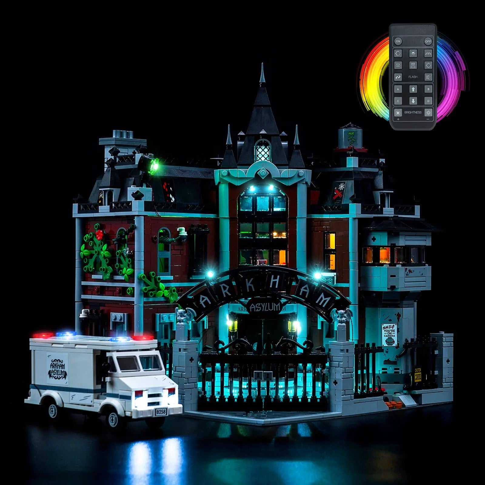 The LEGO Batman Arkham Asylum 76300 with our new version light kit, creating a chilling and atmospheric glow.