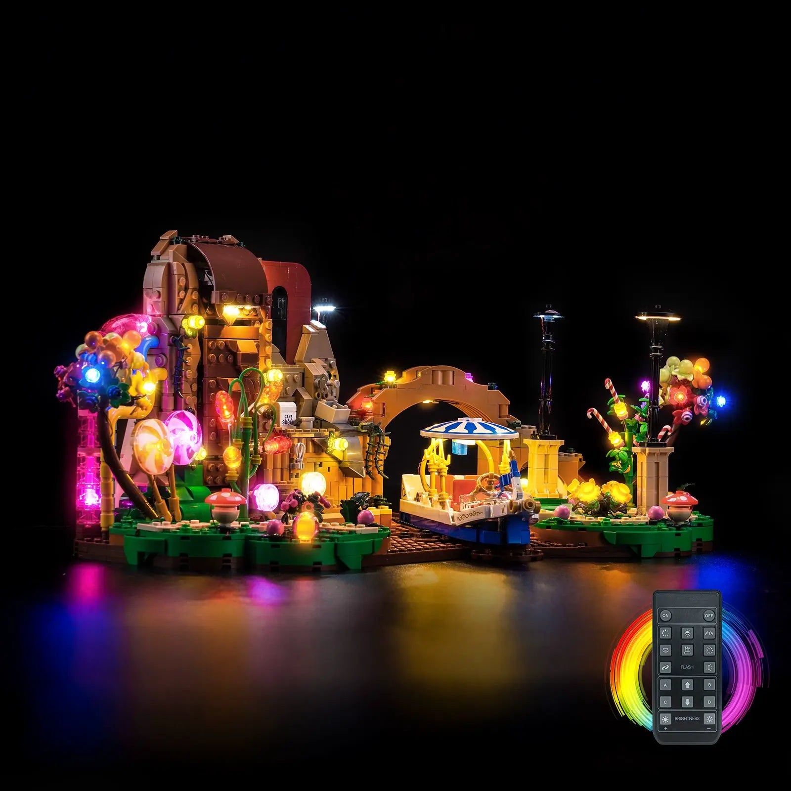 A fun shot of the Oompa-Loompa minifigures working in the brightly lit LEGO Chocolate Factory by Bright My Bricks.