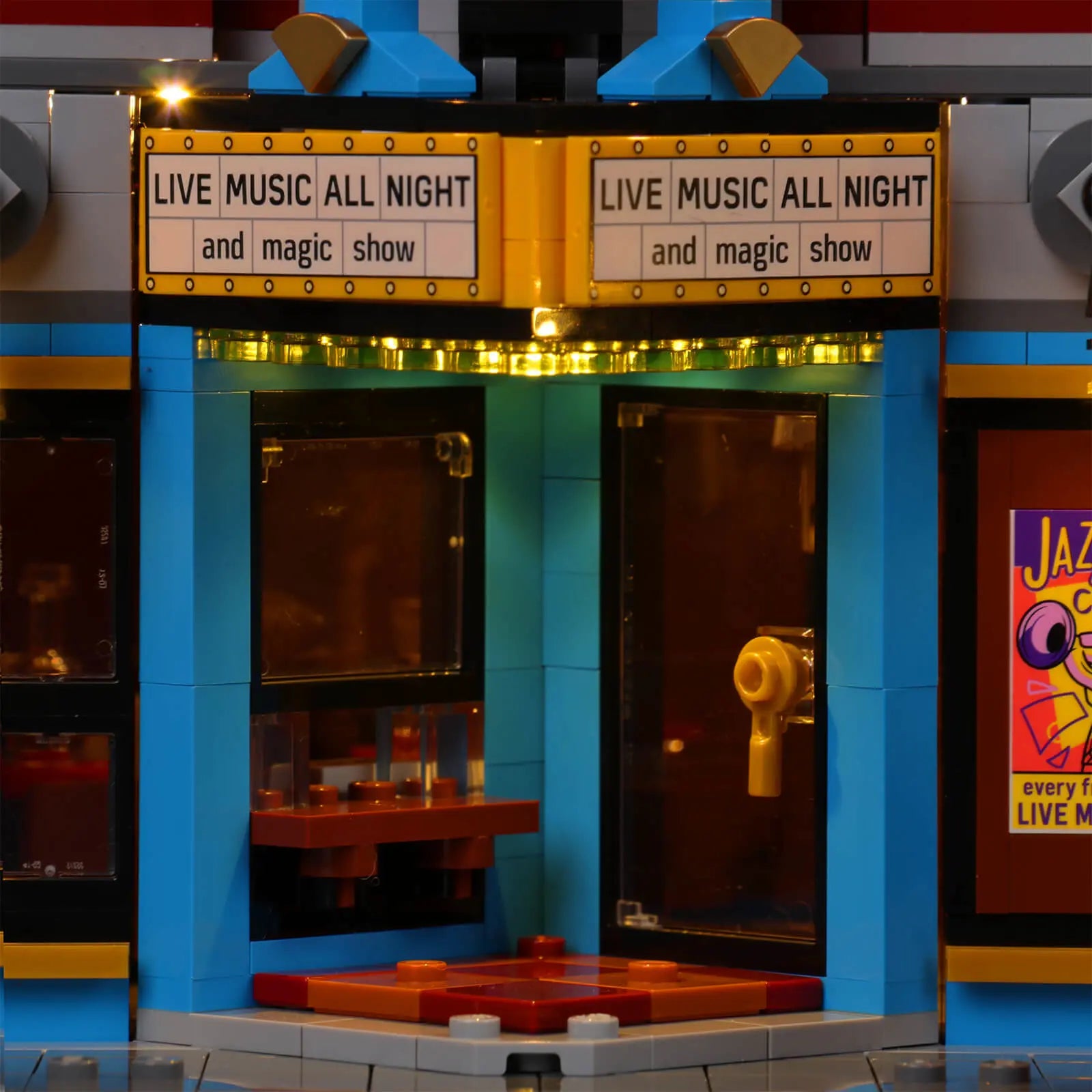 Demonstrating the remote control cycling through light settings on the LEGO Jazz Club, showing the kit's versatility.