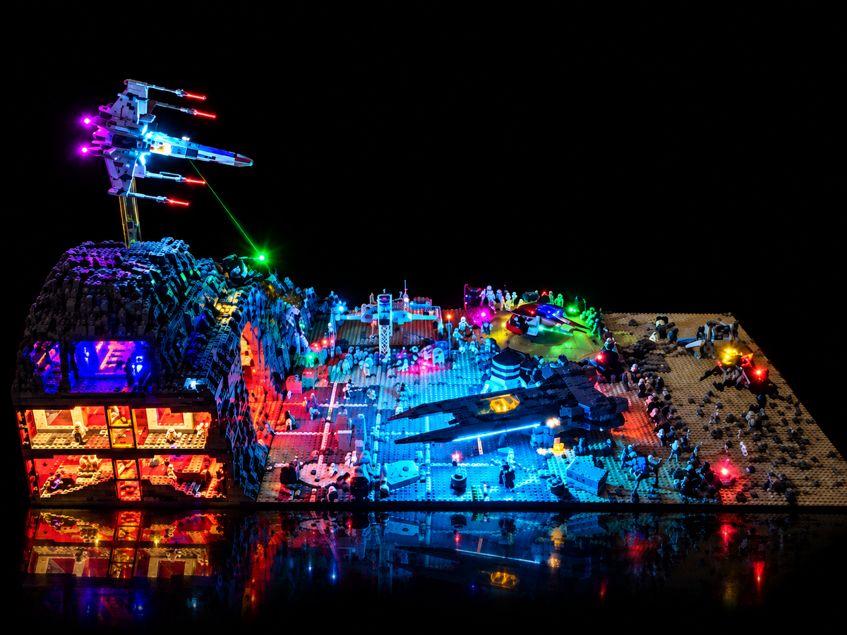 Custom sci-fi LEGO MOC illuminated with modular LED accessories