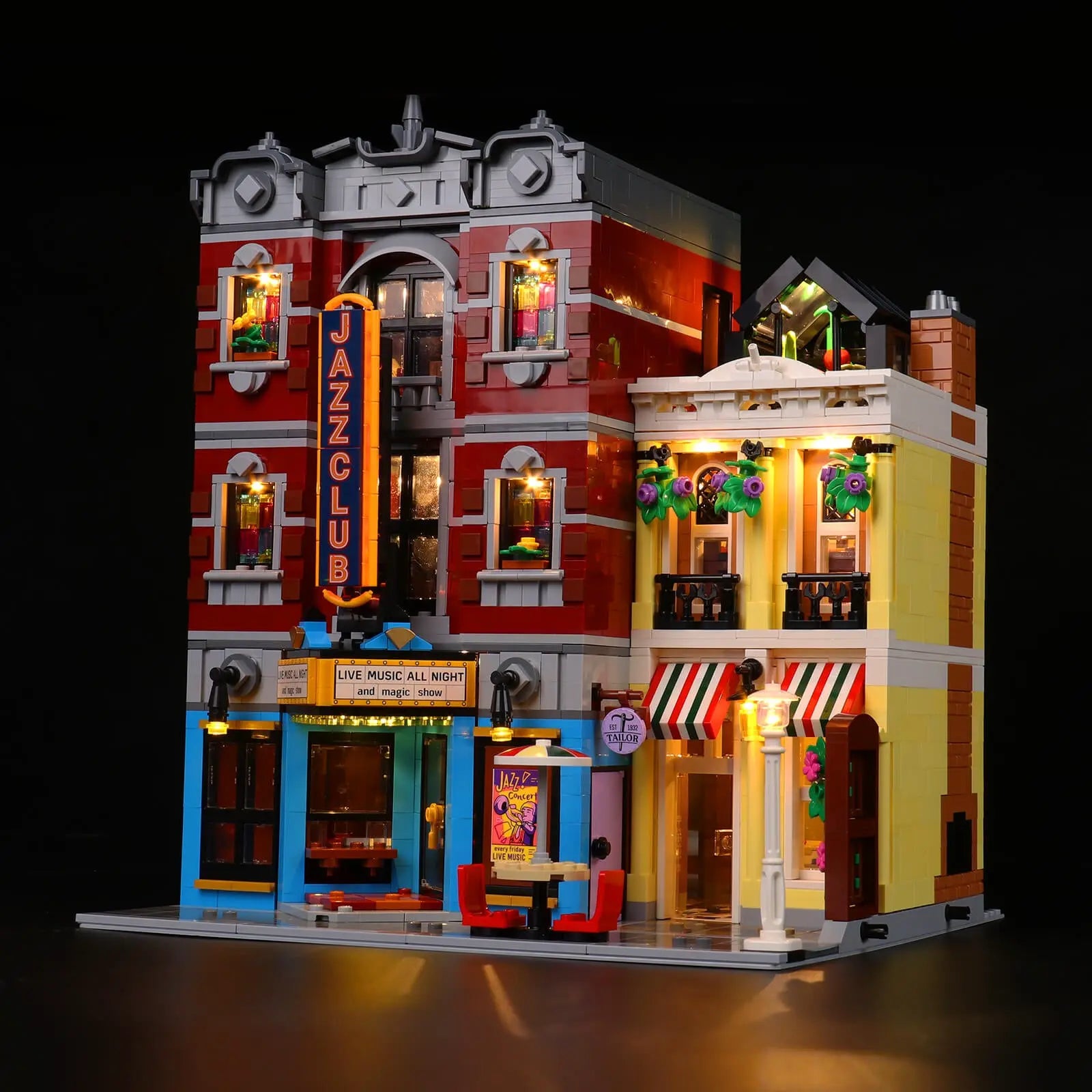 The drummer takes the spotlight on the LEGO Jazz Club stage, highlighted by focused LED lights from the Bright My Bricks kit.