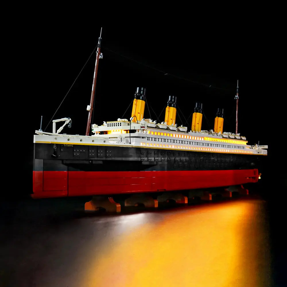 The magnificent LEGO Titanic 10294 ship is fully illuminated with the standard LED light kit by Bright My bricks.