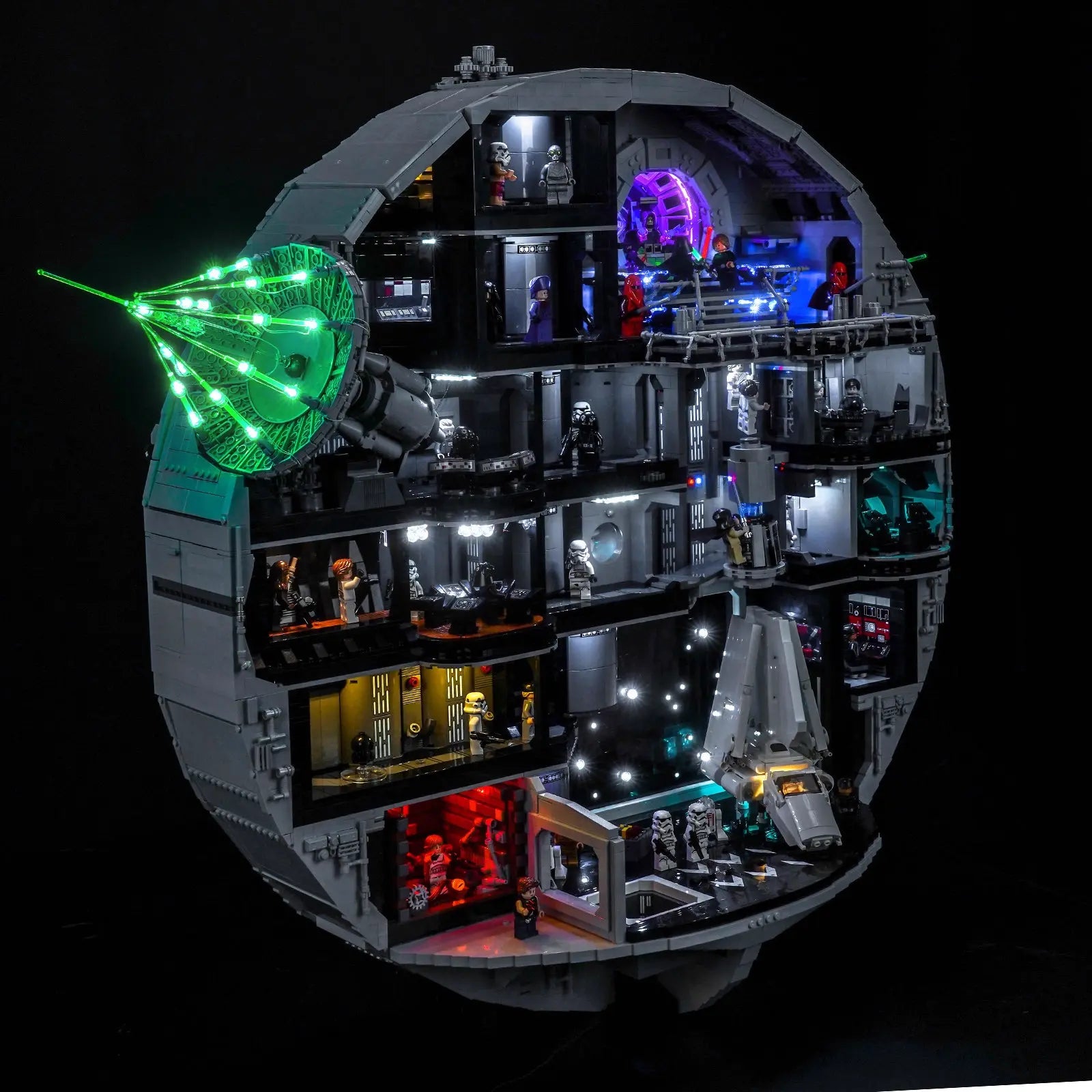 The LEGO Star Wars Death Star 75419 model fully illuminated with a custom light kit for LEGO by Bright My Bricks.