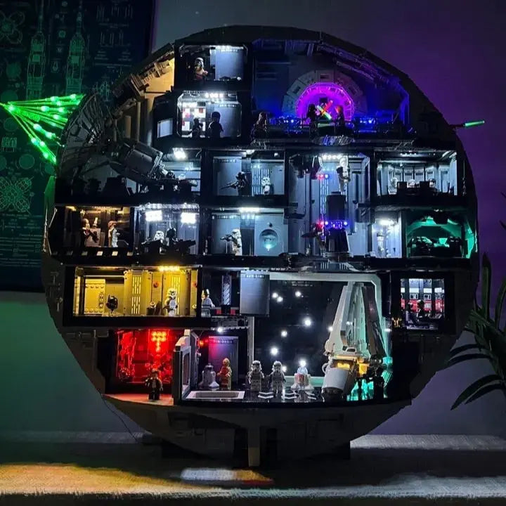 The Emperor's throne room is lit with sinister red and blue lights in this light kit for LEGO Death Star 75419 by Bright My Bricks.
