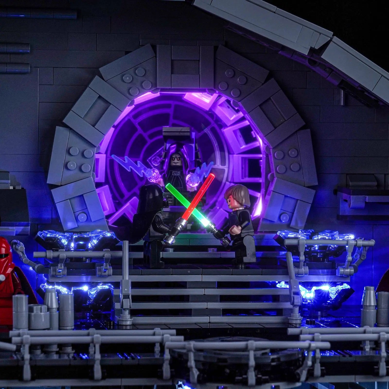 The Emperor's throne room is lit with sinister red and blue lights in this light kit for LEGO Death Star 75419 by Bright My Bricks.