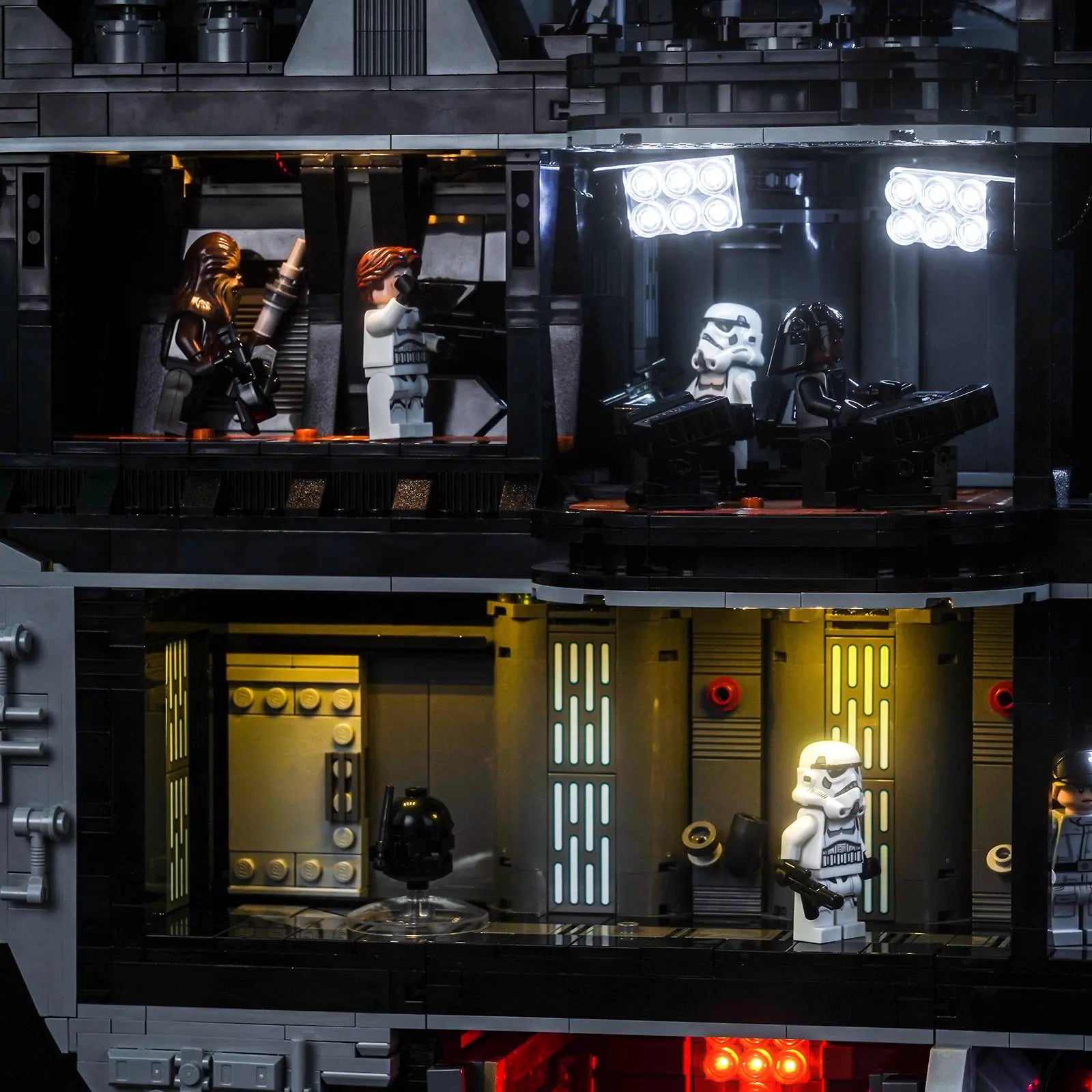 This light kit for LEGO Death Star 75419 highlights the equatorial trench and surface details with precision lighting.