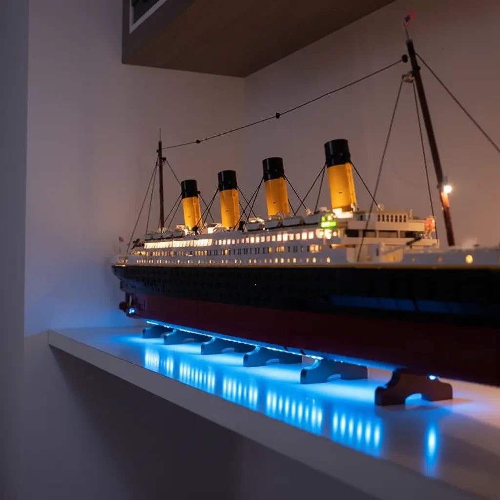 The massive LEGO Titanic 10294 displayed with our upgraded light kit, featuring brilliant, comprehensive illumination.