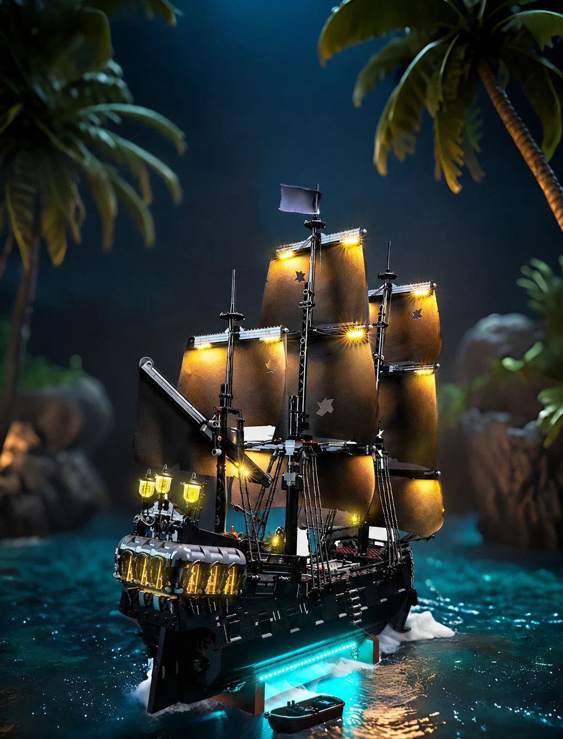 upgraded LED light kit for LEGO® Icons Captain Jack Sparrow's Pirate Ship #10365, night scene with lit sails and water