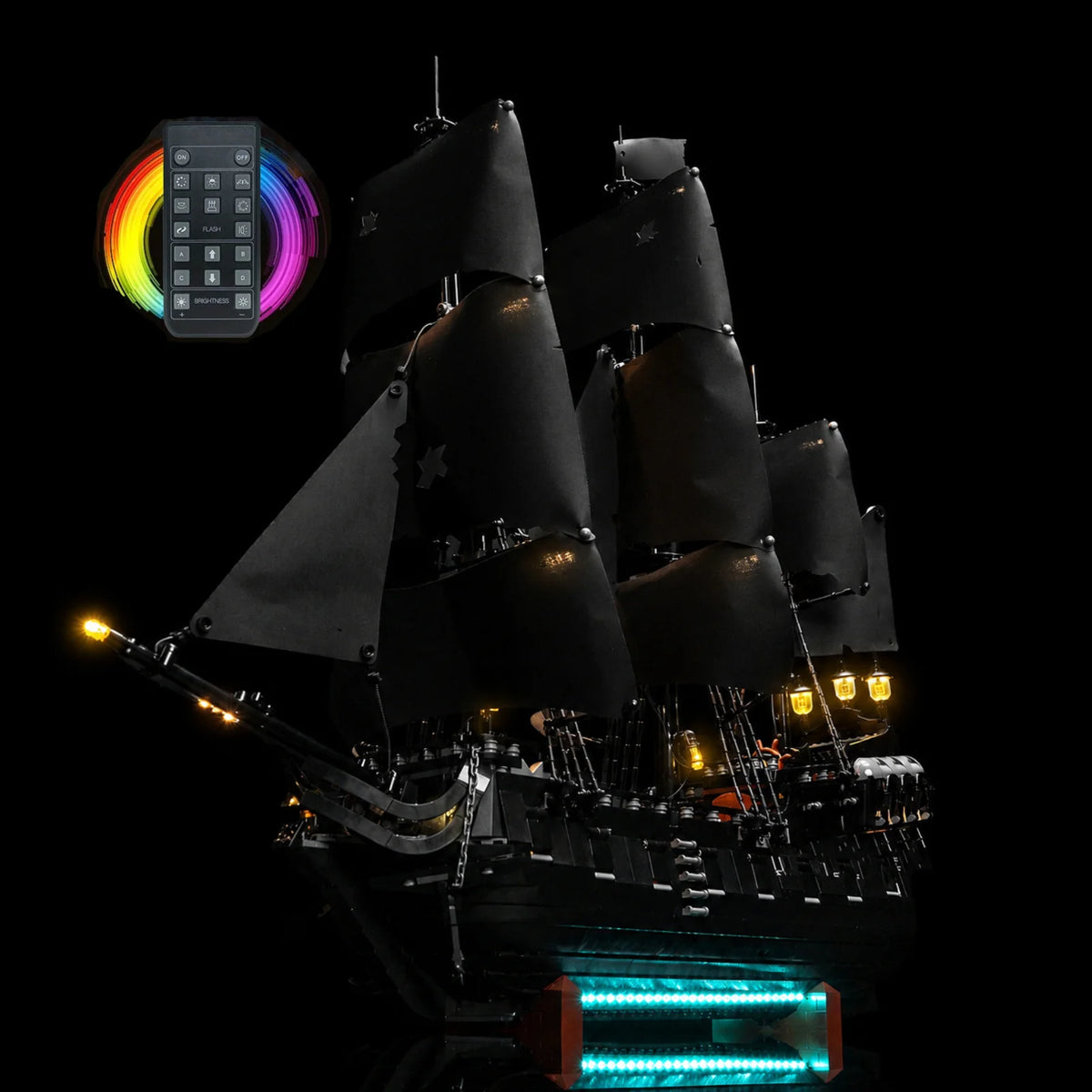 LEGO® Icons Captain Jack Sparrow's Pirate Ship #10365 with the upgraded LED kit, cyan waterline running under the keel