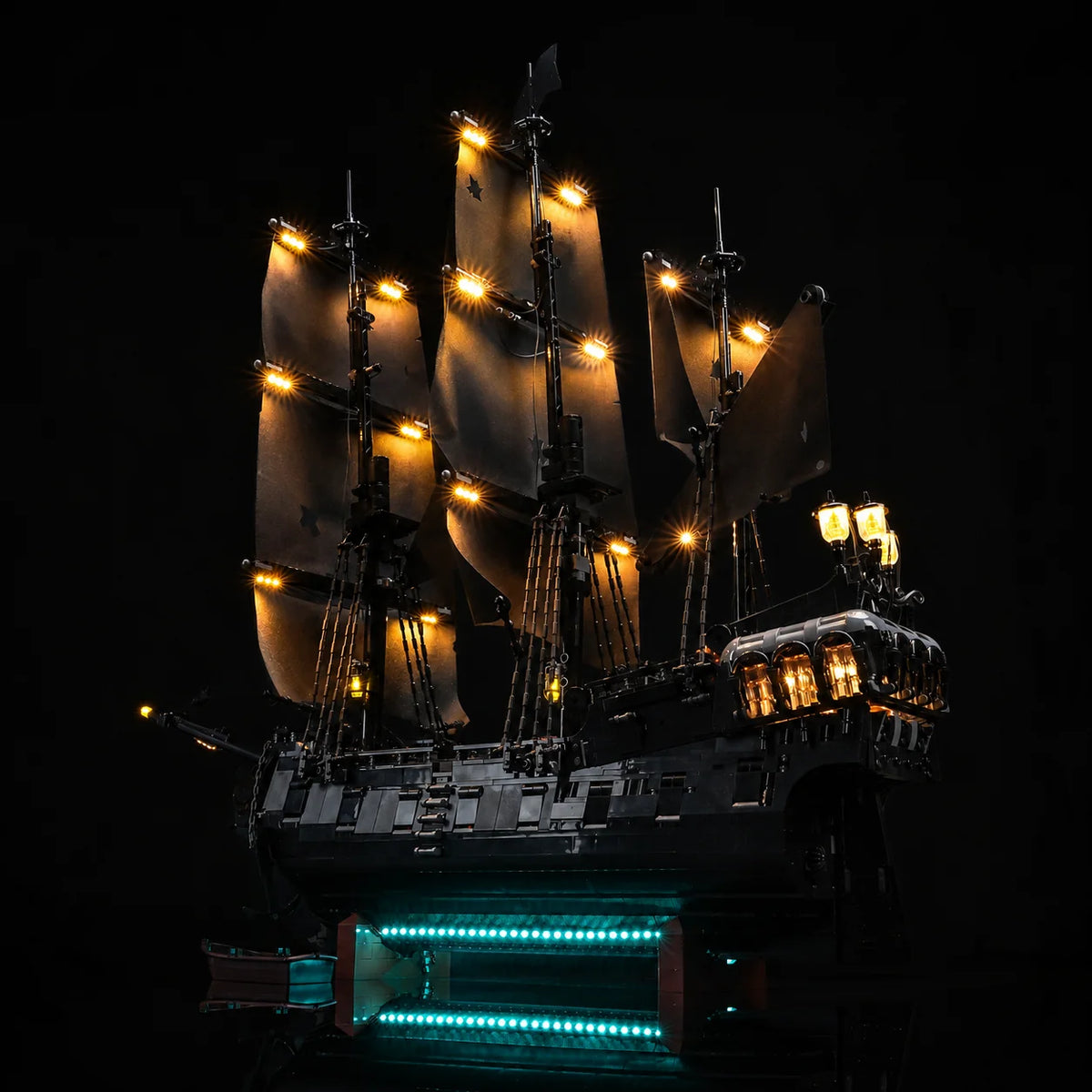 LEGO® Icons Captain Jack Sparrow's Pirate Ship #10365 shown unlit and lit, upgraded Bright My Bricks LED kit